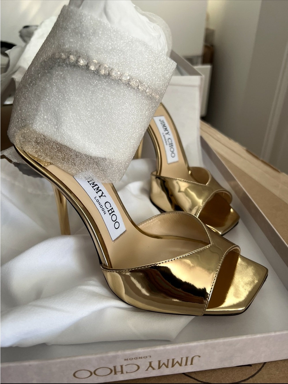 Jimmy Choo Metallic Gold Open-Toe Slide Heels - Picture 2 of 2